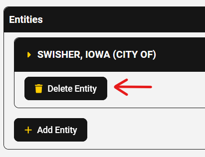 Screenshot of Entities list with red arrow indicating "delete entity" button