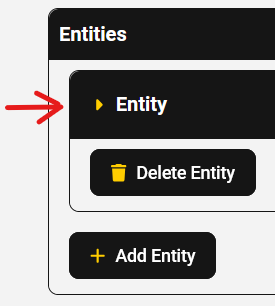 Screenshot of eCOI with a red arrow pointing to the gold arrow next to "Entity" on the Entities list