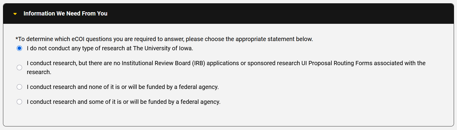 Screenshot showing the "Information we need from you" section of eCOI