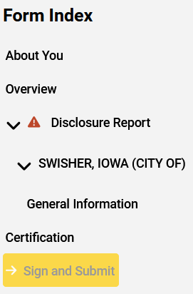 Screenshot of left eCOI nav menu showing red error icon next to "Disclosure Report" link
